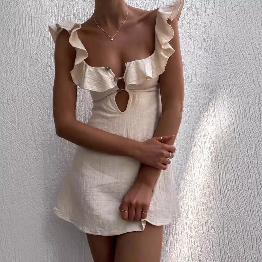 Zimmermann Casual Ruffle-Trim Mini Dress in Cream - Picture 3 of 5